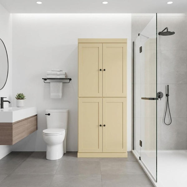 32 Inch Solid Wood Freestanding Linen Storage Cabinet with Four Doors for Bathroom