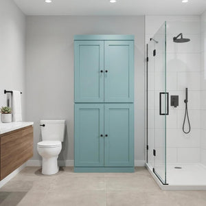 32 Inch Solid Wood Bathroom Linen Tower with Four Doors for Organized Storage