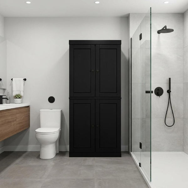 32 Inch Black Solid Wood Linen Tower Cabinet with Four Doors for Bathroom Storage