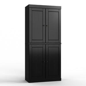 32 Inch Black Solid Wood Linen Tower Cabinet with Four Doors for Bathroom Storage