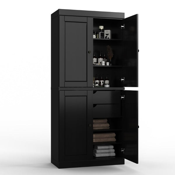 32 Inch Black Solid Wood Linen Tower Cabinet with Four Doors for Bathroom Storage