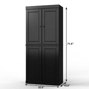 32 Inch Black Solid Wood Linen Tower Cabinet with Four Doors for Bathroom Storage