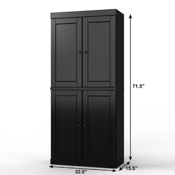 32 Inch Black Solid Wood Linen Tower Cabinet with Four Doors for Bathroom Storage