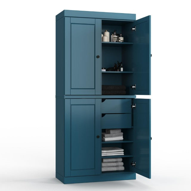 32 Inch Solid Wood Linen Armoire with Four Doors Teal Freestanding Storage Cabinet