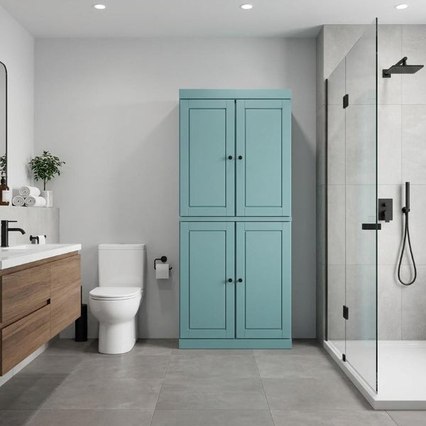 32 Inch Solid Wood Freestanding Bathroom Storage Cabinet with Four Doors in Aqua