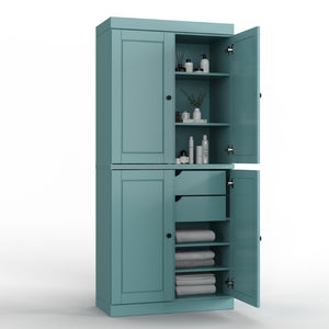 32 Inch Solid Wood Freestanding Bathroom Storage Cabinet with Four Doors in Aqua