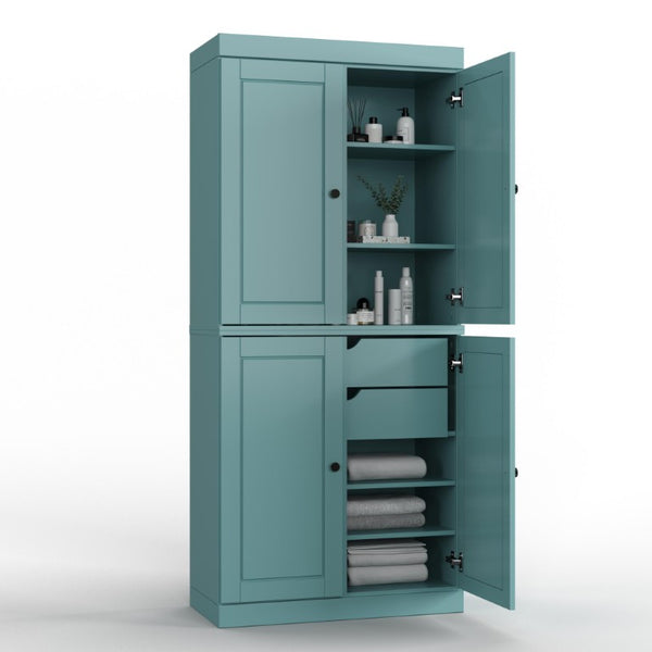 32 Inch Solid Wood Freestanding Bathroom Storage Cabinet with Four Doors in Aqua