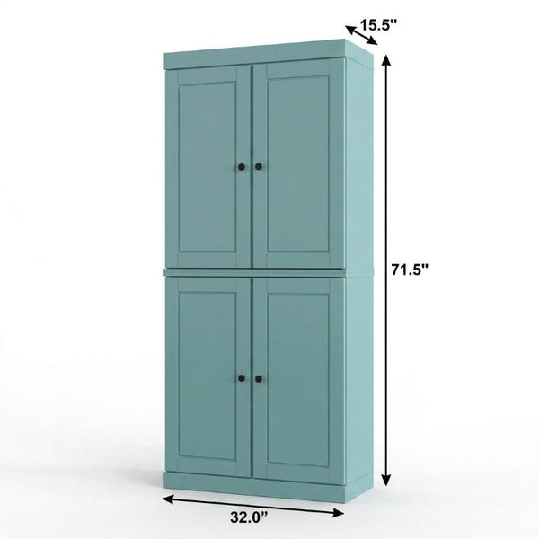 32 Inch Solid Wood Freestanding Bathroom Storage Cabinet with Four Doors in Aqua