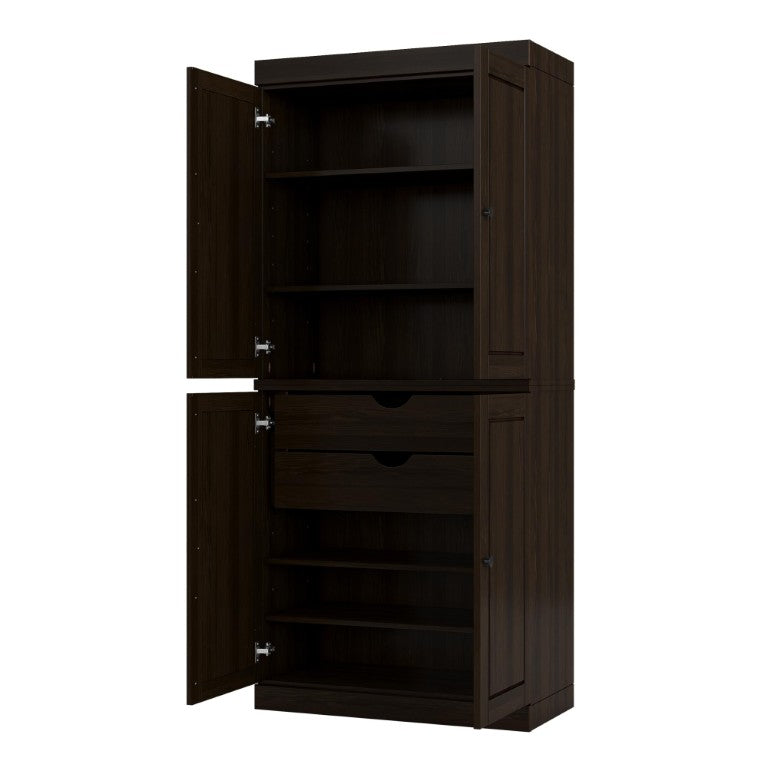 HomeRoots 32 Inch Solid Wood Freestanding Linen Cabinet with Four Doors Espresso Finish Storage 746776