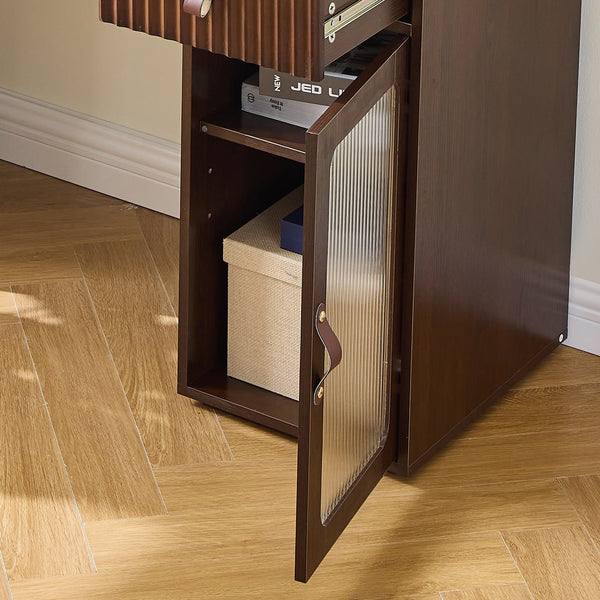 English Elm Elegant Walnut Makeup Vanity with Sliding 3-Color LED Mirror, Large Shelves, Fluted Drawer & Cabinet N844P257533W