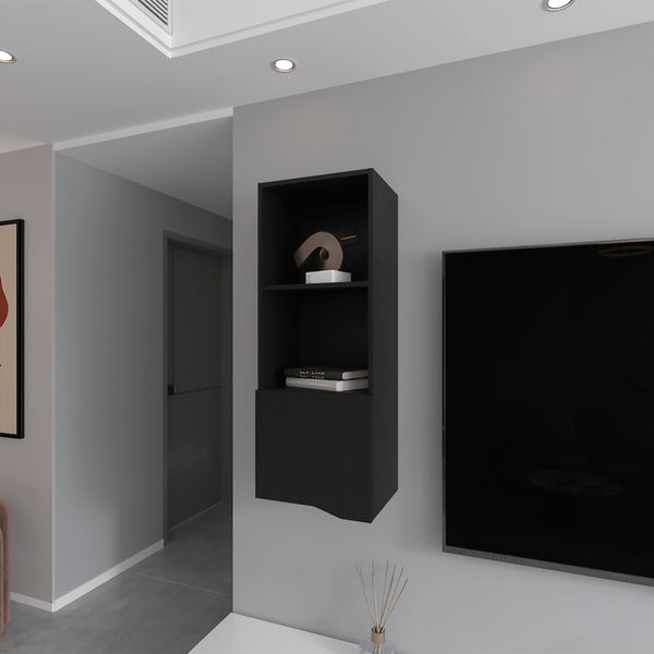 English Elm Wall Cabinet Hopewell Black — Wall-Mounted Engineered Wood Shelf with Concealed Cabinet & Open Storage, Space-Saving Design B092P238701