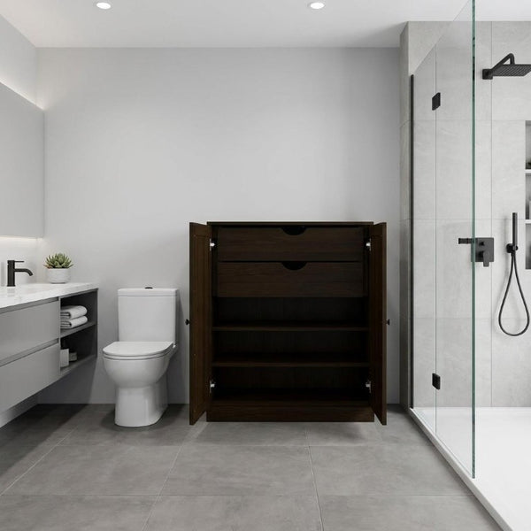 32 Inch Espresso Solid Wood Freestanding Linen Cabinet with Two Doors for Bathroom