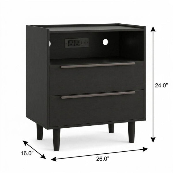 26 Inch Wood Two Drawer Nightstand with Built in Usb Charging Port for Modern Bedrooms