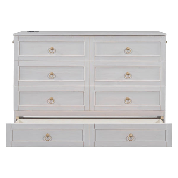 English Elm Queen Murphy Wall Bed with Rattan Panel Cabinet and Storage Drawers for Studio Rooms White LP000676AAK