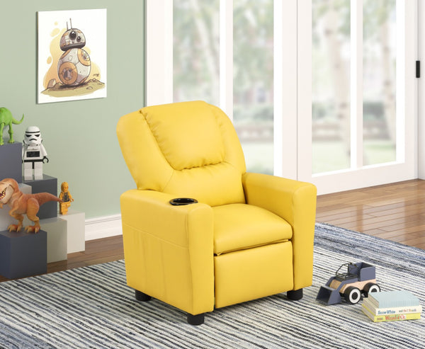 English Elm Carisa Youth Pu Leather Recliner Chair with Cupholder for Playroom or Bedroom Yellow B2749P413220