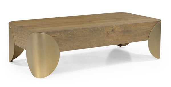 Meridian Furniture Cazari Art Deco Oak Top Coffee Table with Brass Iron Legs for Living Room 746Brown-CT