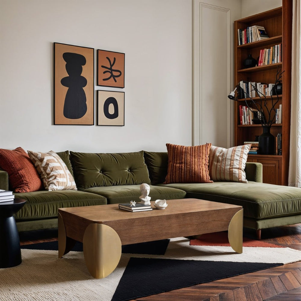 Meridian Furniture Cazari Art Deco Oak Top Coffee Table with Brass Iron Legs for Living Room 746Brown-CT