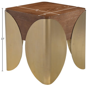 Meridian Furniture Cazari Art Deco End Table Solid Oak Top Brushed Brass Iron Base Living Room Accent 746Brown-ET