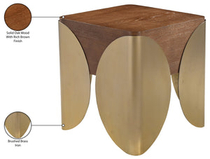 Meridian Furniture Cazari Art Deco End Table Solid Oak Top Brushed Brass Iron Base Living Room Accent 746Brown-ET