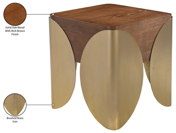 Meridian Furniture Cazari Art Deco End Table Solid Oak Top Brushed Brass Iron Base Living Room Accent 746Brown-ET