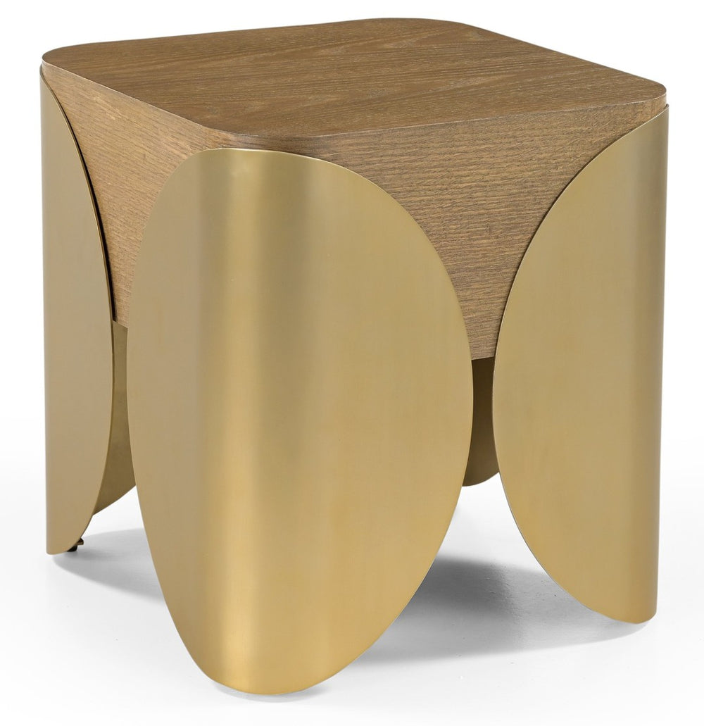 Meridian Furniture Cazari Art Deco End Table Solid Oak Top Brushed Brass Iron Base Living Room Accent 746Brown-ET