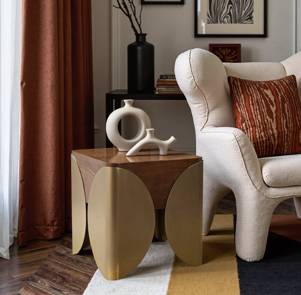 Meridian Furniture Cazari Art Deco End Table Solid Oak Top Brushed Brass Iron Base Living Room Accent 746Brown-ET