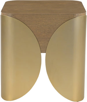 Meridian Furniture Cazari Art Deco End Table Solid Oak Top Brushed Brass Iron Base Living Room Accent 746Brown-ET