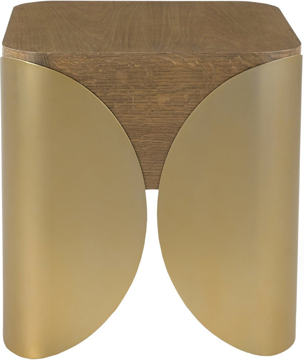 Meridian Furniture Cazari Art Deco End Table Solid Oak Top Brushed Brass Iron Base Living Room Accent 746Brown-ET