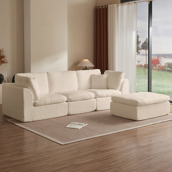 English Elm 110" Cloud Sectional Sofa Modular L-Shape with Ottoman, Chenille Fabric, Deep Seats, 7 Pillows Included Beige W1359S00014