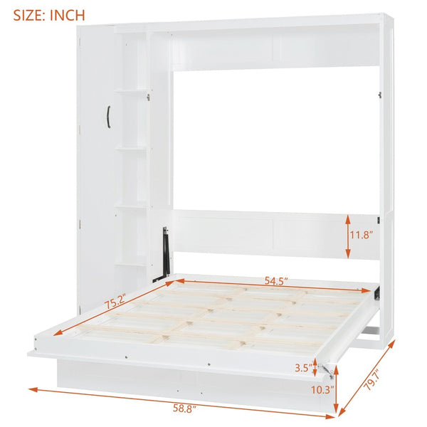 English Elm Full Size Murphy Bed with Open Shelving Wardrobe and Led Lighting for Studio Spaces White LP000898AAK-1