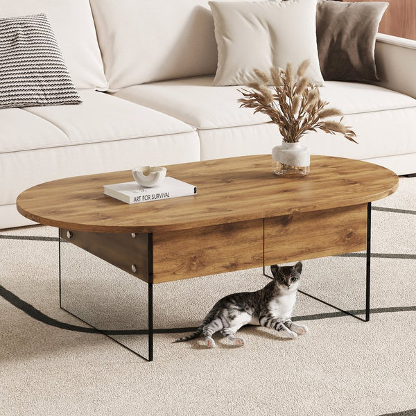 English Elm Cozy Natural Oval Coffee Table with Dual Drawers, Tempered Glass Legs, Wood Grain MDF Top, 43.3"x23.6" W1512P405601