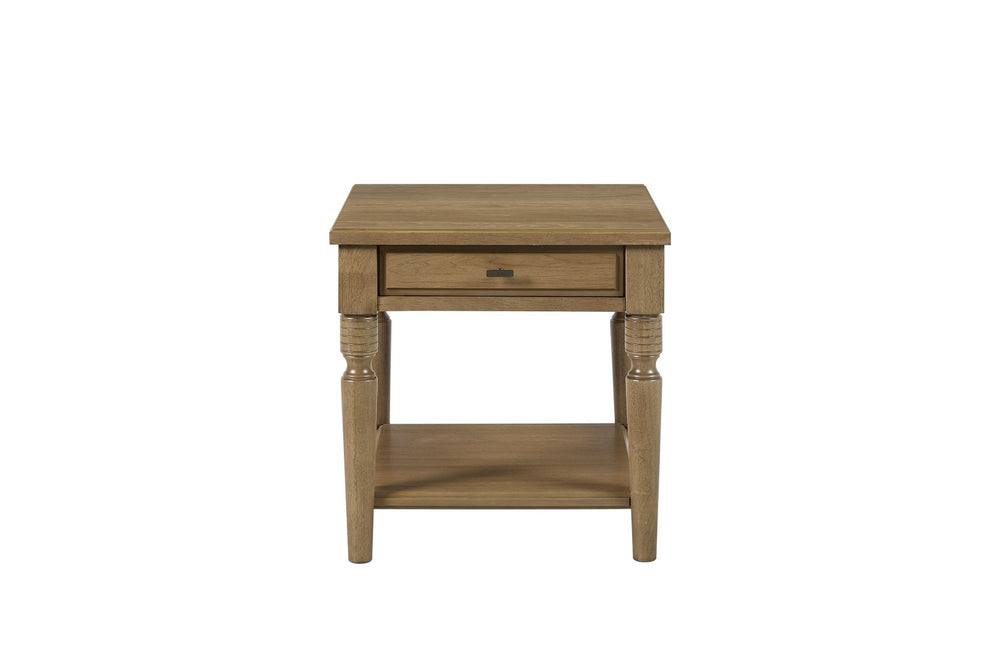 English Elm End Table Hickory Veneer Turned Legs Open Shelf Drawer Traditional Living Room Accent Almond B2699P443217