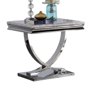 English Elm 1pc End Table Luxe Faux Marble Top with Beveled Edge, Interlocking Pedestal Base, Sleek Metal Finish, 23" Height, Elegant Accent Piece Chrome 28 L x 27 W x 4 H B2741S00431