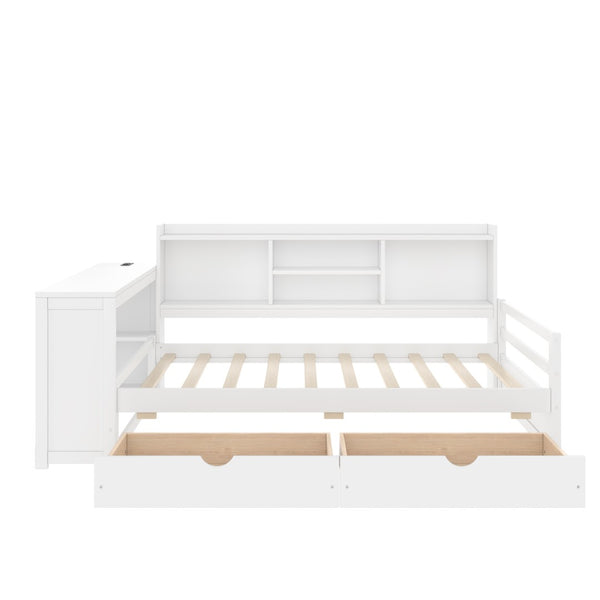 English Elm Twin Corner Daybed Pine Frame Built in Desk Bookcase Drawers Charging Kids Room White W697S00041