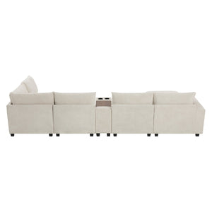 English Elm 139'' U-shaped Corduroy Sectional with Ottoman Console Usb Port and Cup Holders for Living Beige N723S1166A