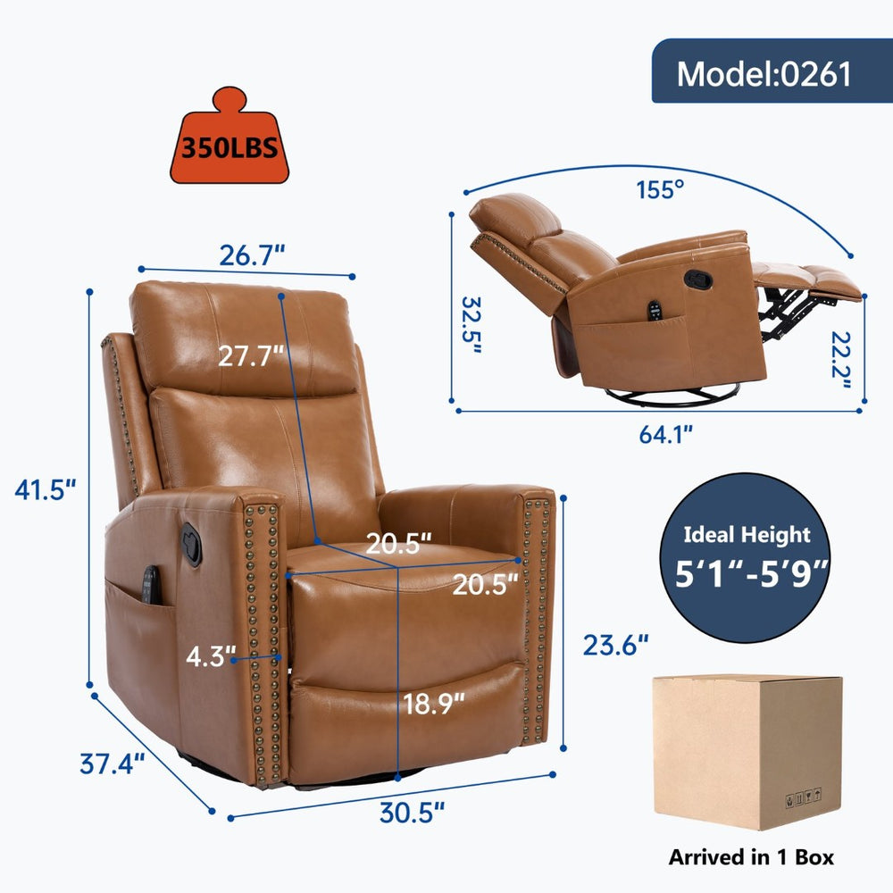 English Elm Orange Genuine Leather Massage Rocking Swivel Recliner with Lumbar Heat for Living Room W1803P323715