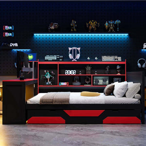 English Elm Full Size Gaming Bed Frame with Desk Led Lights Storage Drawers and Charging Station Black+Red LP000289AAJ