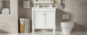 English Elm 30" French Style Bathroom Vanity with Ceramic Basin Soft Close Doors Wood Legs White N710P415327K