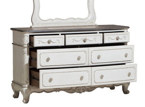 English Elm Victorian Cinderella 7-Drawer Dresser with Floral Carvings and Gray Rub-Through Finish for Bedrooms Antique White,Oak 59.5 L x 21 W x 37.5 H B011P361980