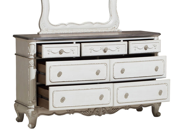 English Elm Victorian Cinderella 7-Drawer Dresser with Floral Carvings and Gray Rub-Through Finish for Bedrooms Antique White,Oak 59.5 L x 21 W x 37.5 H B011P361980