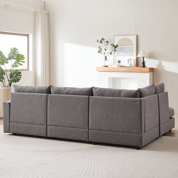 English Elm MH100.2" Sofa Convertible L-Shaped Linen Sectional with Movable Ottoman 5 Cushions 4 Lumbar Pillows Grey W1193S00139