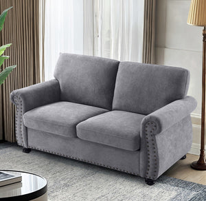English Elm Soft Velvet Upholstered Loveseat with Turned Wood Legs Nailhead Trim Mid-century Style Grey B2735P292311