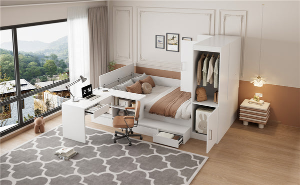 English Elm Full Size Wooden Platform Bed With Integrated Desk, 6 Drawers, Wardrobe & Modern Shelves, White Finish N820S00060K