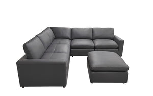 English Elm Leather Match L-shaped Sectional Sofa with Top-grain Upholstery for Open Living Rooms Blue Gray B2748S00170