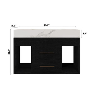 English Elm 29.9" Floating Bathroom Vanity Sintered Stone Top Soft Close Drawers Bronze Gold Hardware W3136S00038