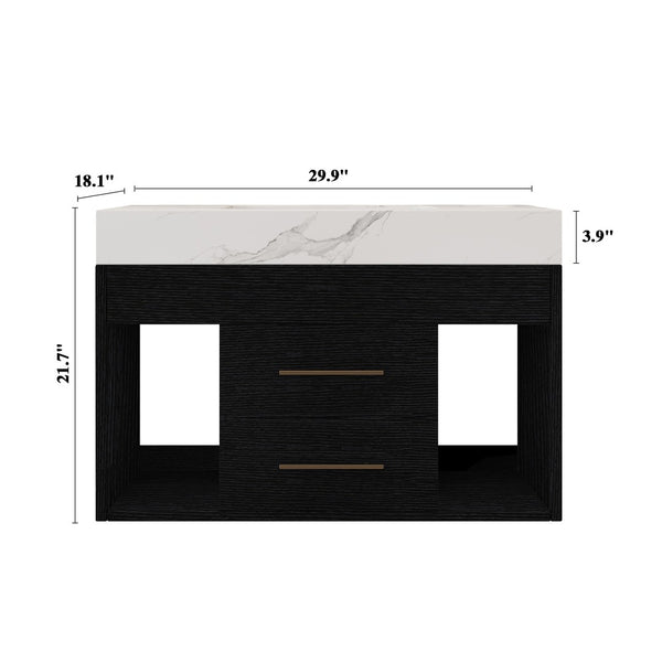 English Elm 29.9" Floating Bathroom Vanity Sintered Stone Top Soft Close Drawers Bronze Gold Hardware W3136S00038
