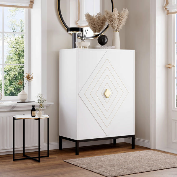 English Elm Wooden Entryway Shoe Cabinet with Diamond Flip Doors Gold Pulls and Metal Legs T5618P448345