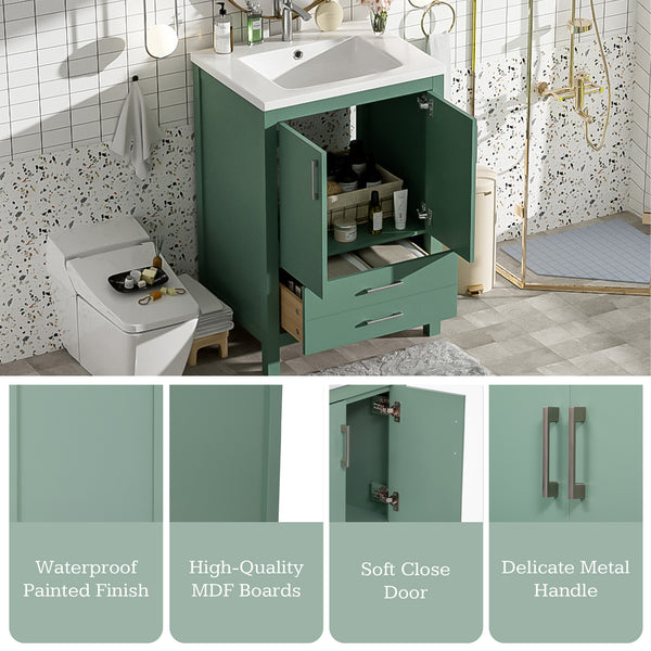 English Elm 24'' Green Bathroom Vanity with Ceramic Sink Combo — Modern Freestanding MDF & Solid Wood Storage, Soft-Close Doors, Silver Handles N710P228364F