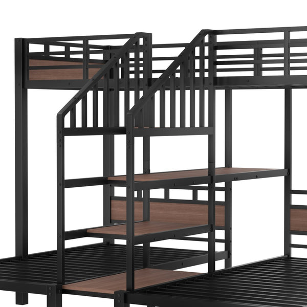 English Elm Twin Triple Bunk Bed Black Metal Frame with Built-in Storage Stairs and Shelves W1580S00619
