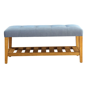 English Elm Light Tufted Padded Seat Bench with Oak Frame and Slatted Shelf — Light Blue Upholstery, Cozy Seating Elegance B062P189179